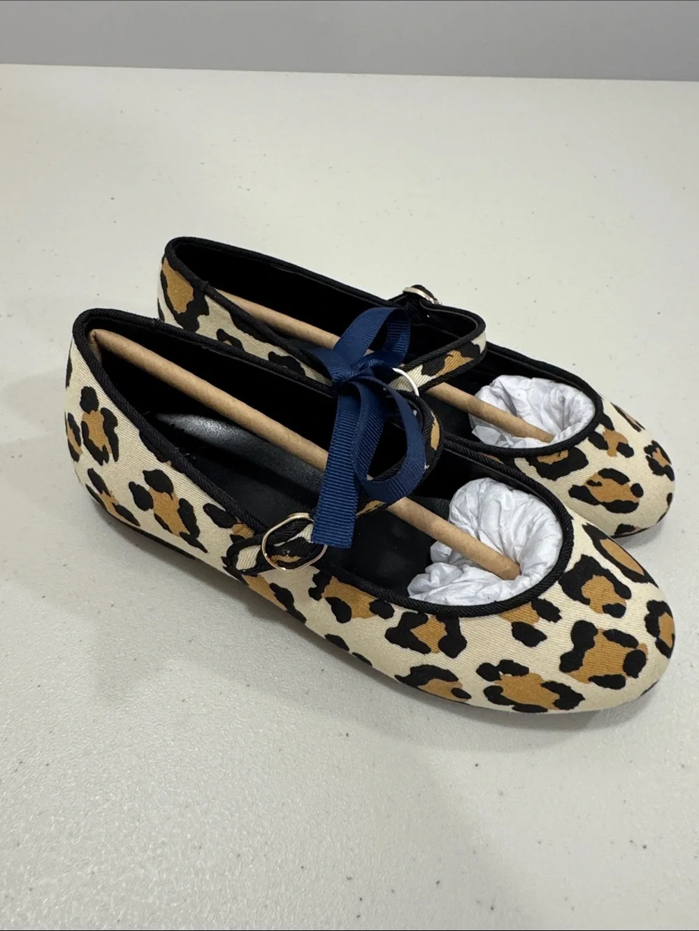 Janie and Jack Leopard Print Mary Janes with Navy Bow